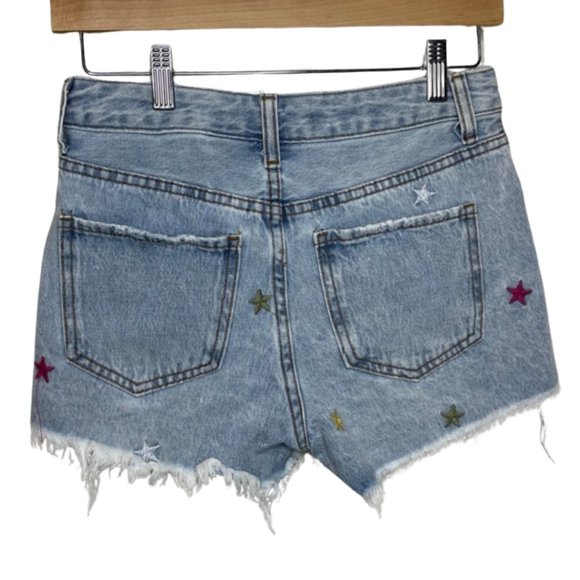 SONG | Embroidered Super High Rise Distressed Denim Shorts Light Wash | Size 27 - Picture 4 of 9